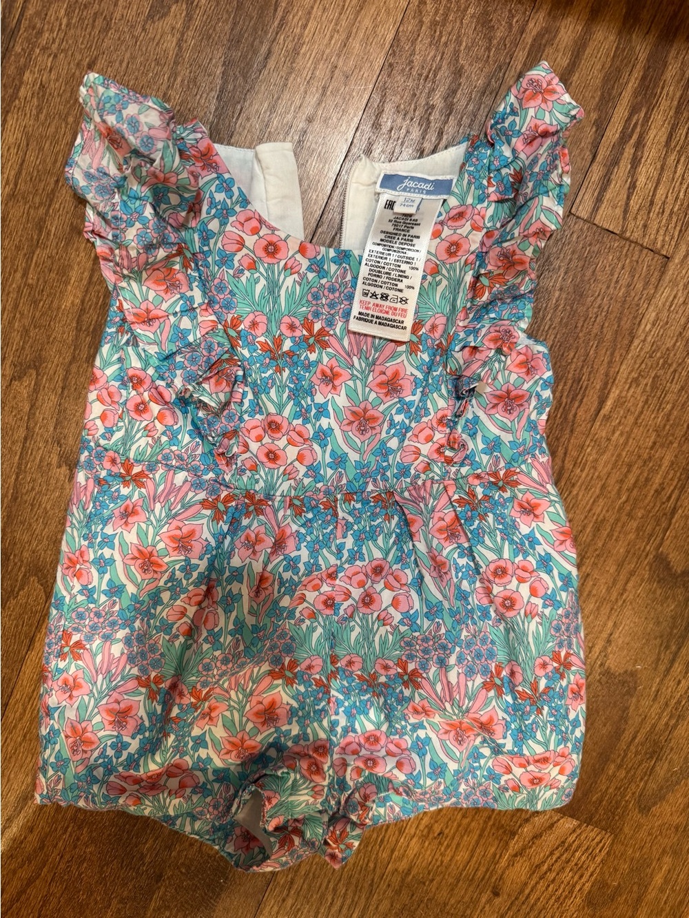 Jacadi Coral & Aqua Floral Ruffle Romper